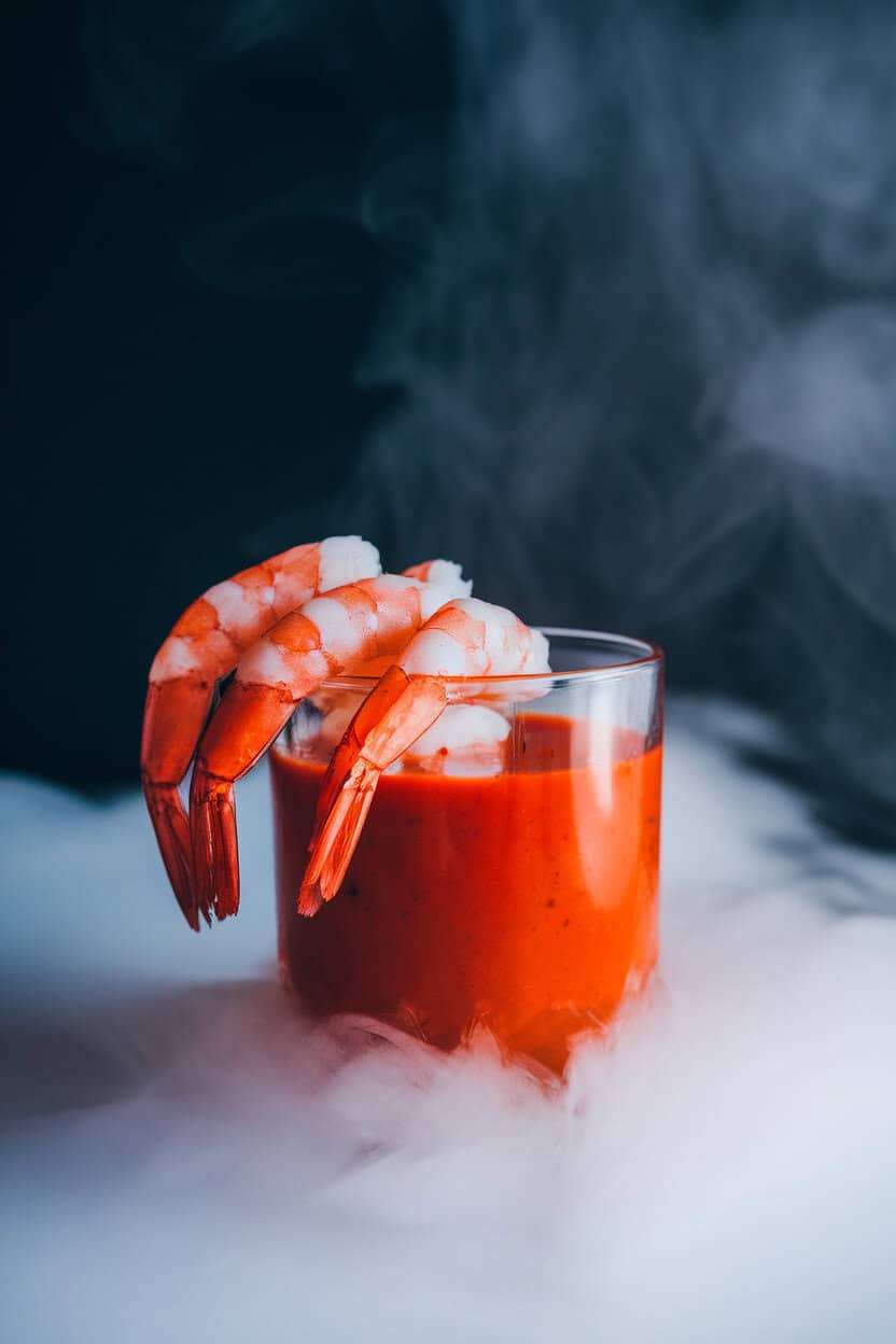 Indoor photo of cooked chilled shrimp draped over the rim of a clear glass filled with bright red cocktail sauce, dry ice mist wafting around. No text or logos.