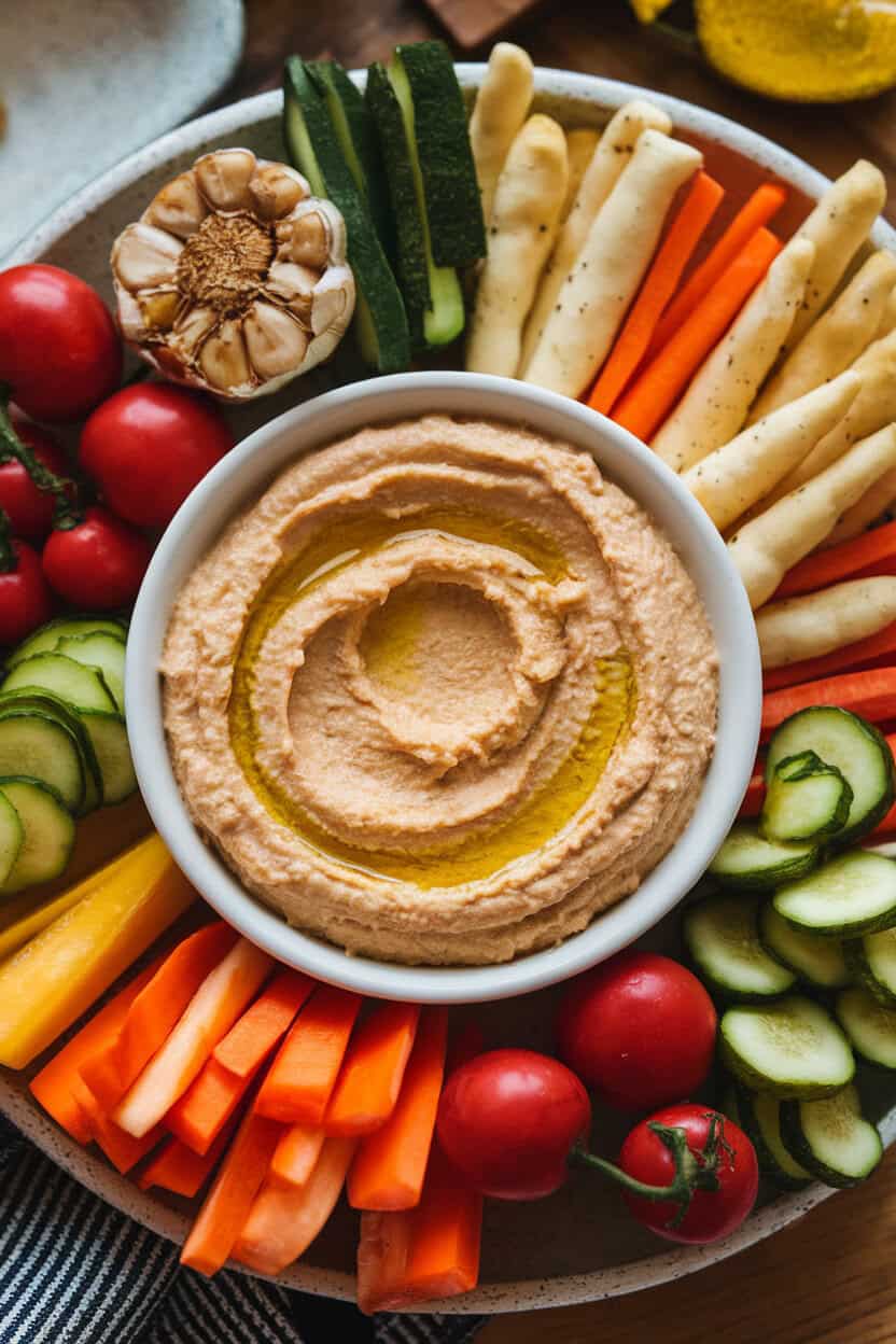 An indoor platter featuring a bowl of creamy hummus drizzled with olive oil, surrounded by roasted garlic cloves and assorted vegetable dippers. No text or logos visible. Photo.</Prompt