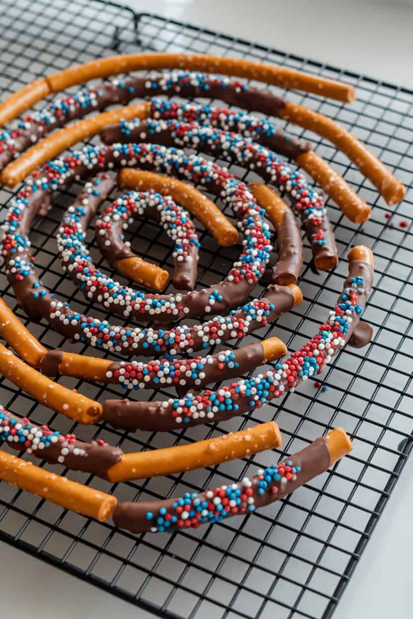 Indoor baking rack with pretzel rods half-dipped in melted chocolate and sprinkled with red, white, and blue nonpareils, no text or logos, photo style