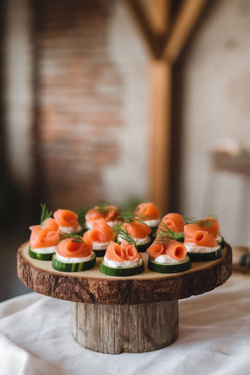 An indoor appetizer tray displaying cucumber rounds topped with cream cheese and curls of smoked salmon, garnished with dill. No text or logos.