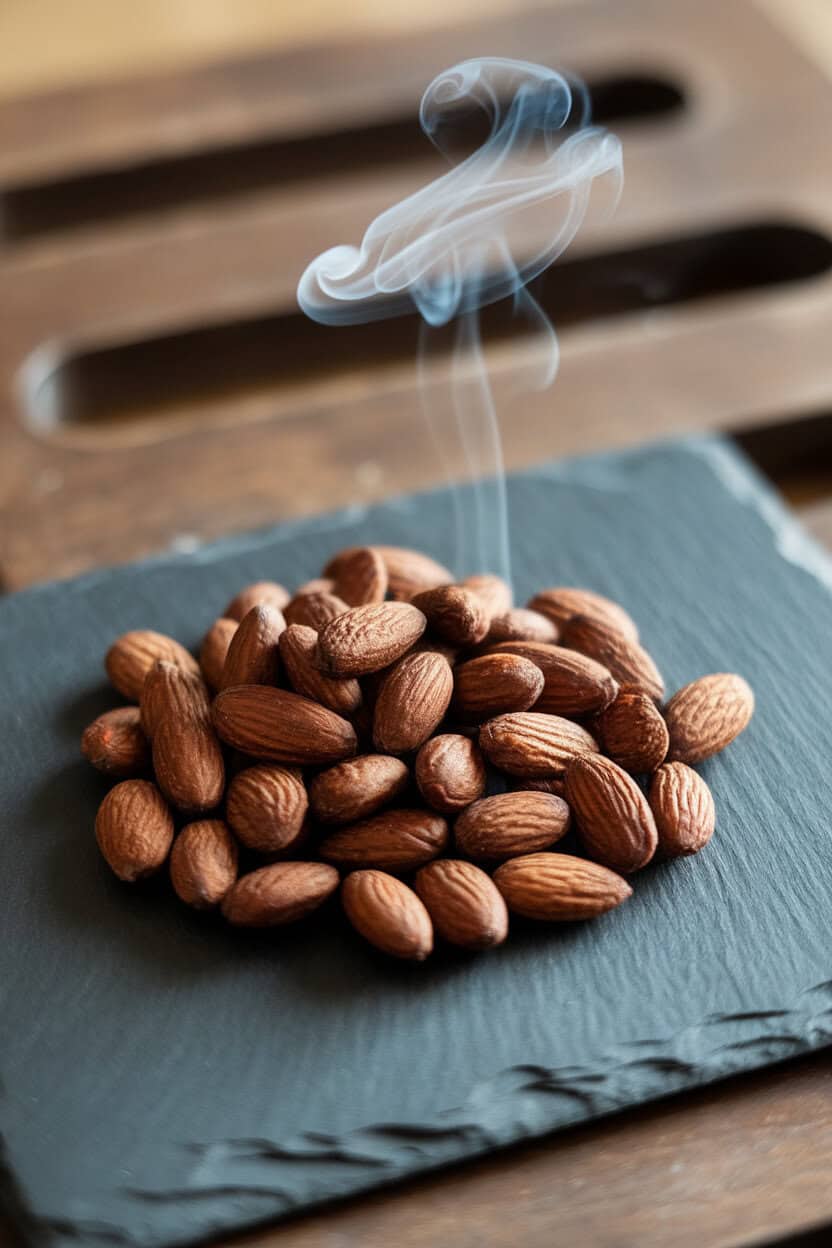 Indoor photo of a small pile of darkly roasted smoked almonds on slate, wisps of smoke curling from dry ice hidden behind. No text or logos.