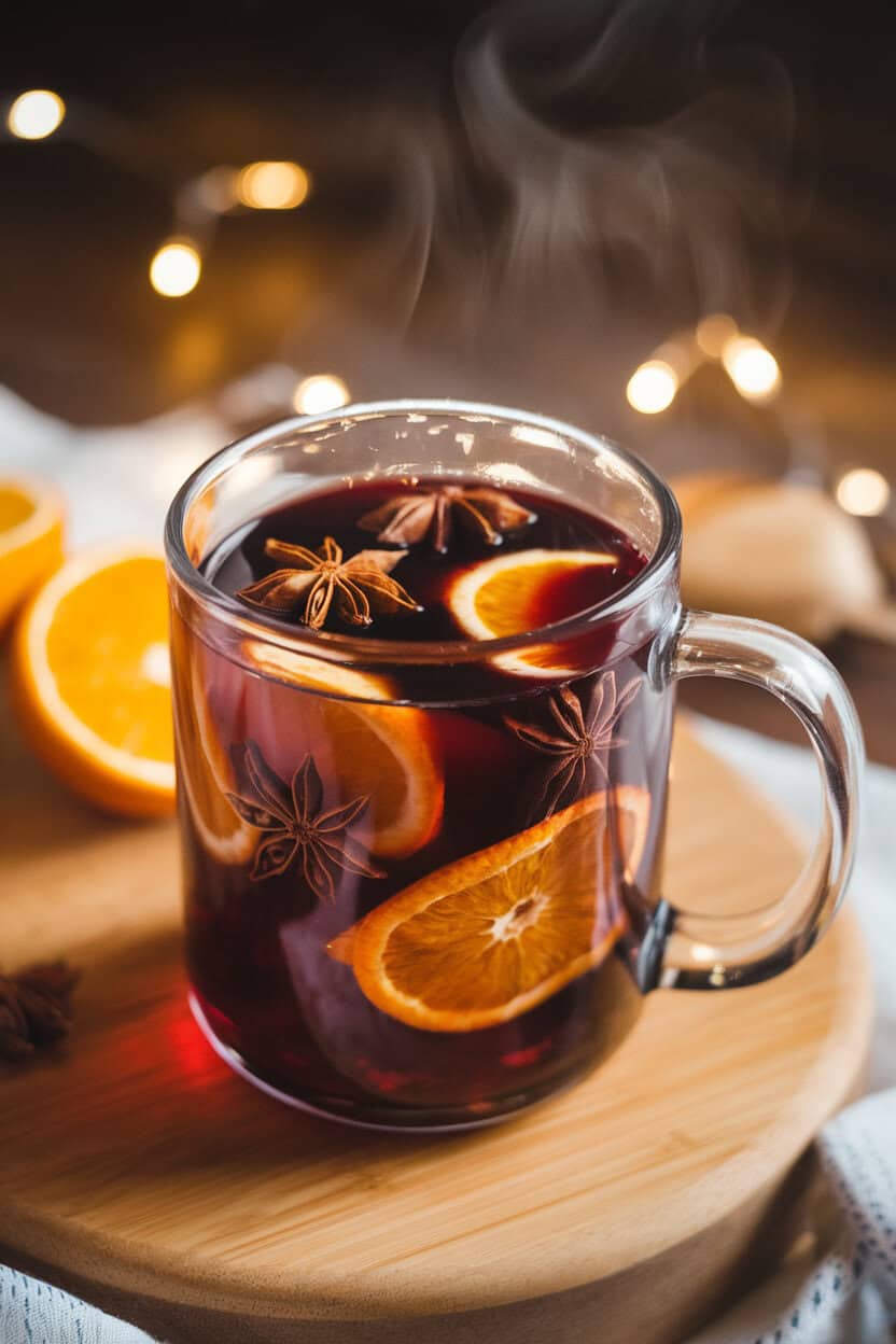 An indoor mug of steaming mulled red wine garnished with star anise and orange peel, soft background lights. No text or logos. Photo, not illustration.