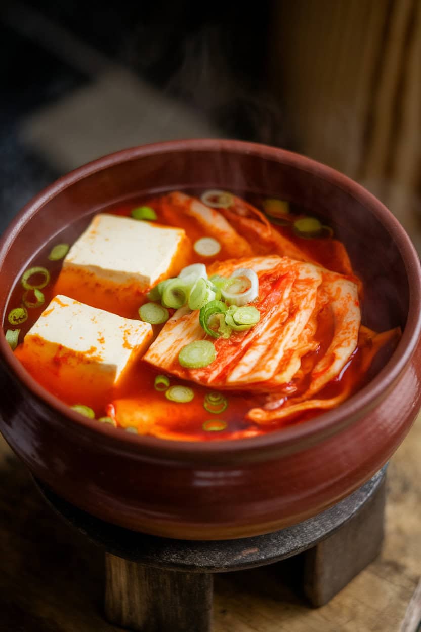 Indoor image of a bubbling earthenware bowl of red kimchi soup with tofu cubes and scallion slices. No text or logos