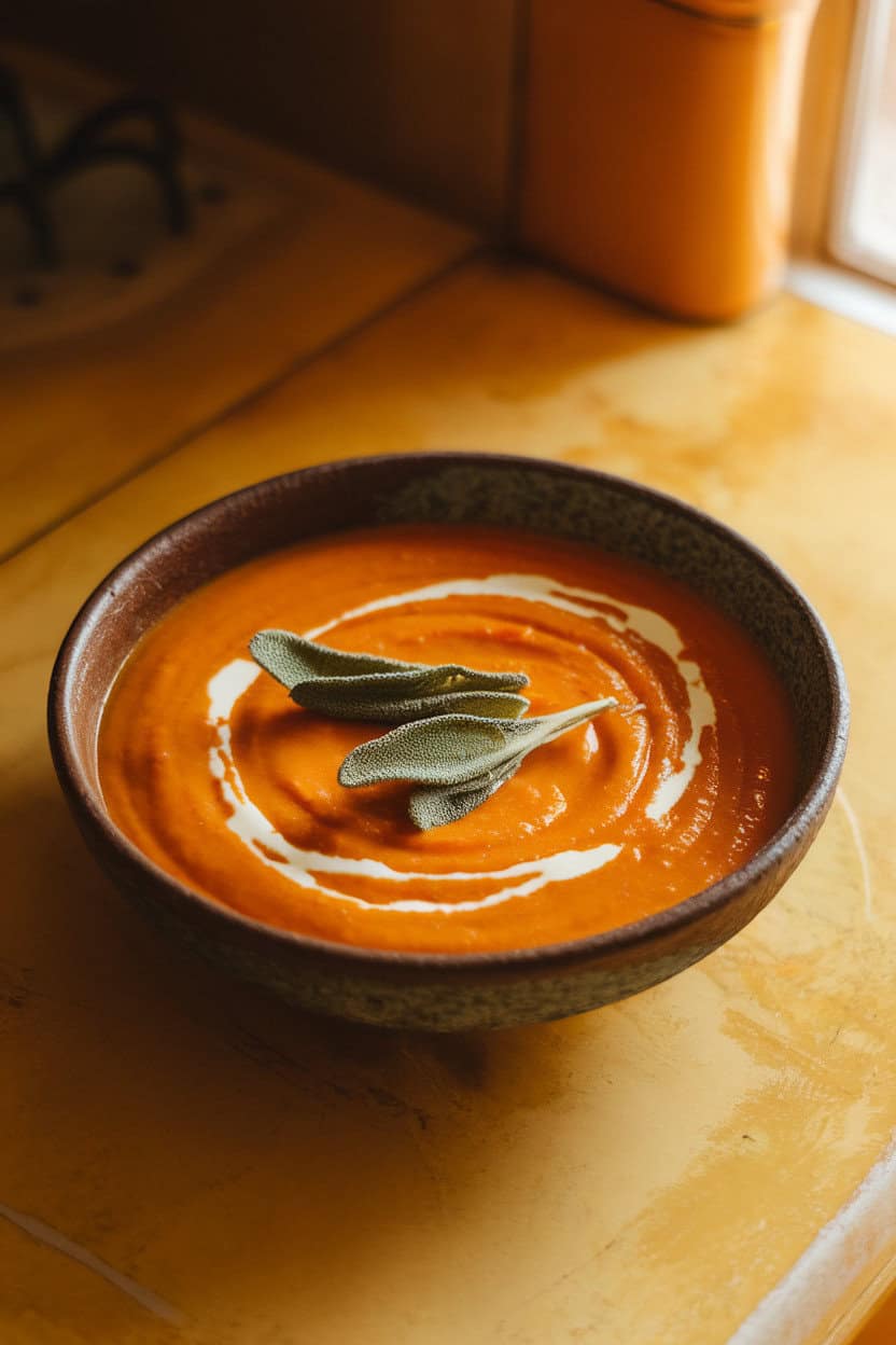 A warmly lit indoor kitchen counter showing a creamy orange soup in a rustic bowl, garnished with fried sage leaves and a drizzle of cream. No text or logos anywhere in the scene; photo, not illustration.