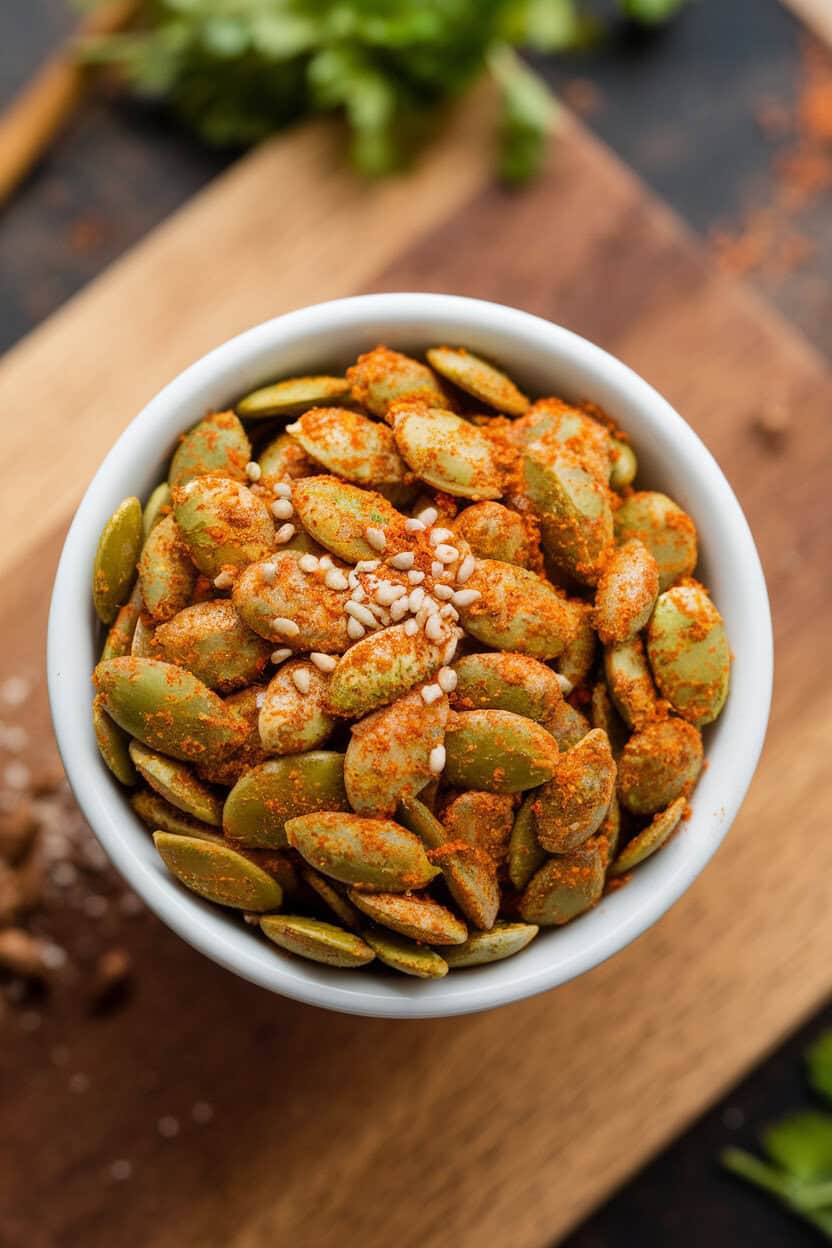 Indoor snack bowl filled with toasted pumpkin seeds coated in reddish chili-lime seasoning—close-up overhead shot, no text or logos.