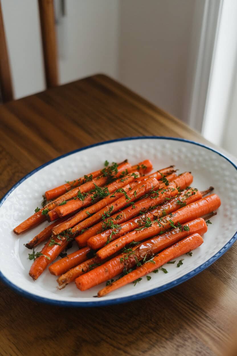 Photo of a white oval platter on an indoor dining table with roasted carrot sticks coated in a shiny maple glaze and sprinkled with chopped parsley, no text or logos.