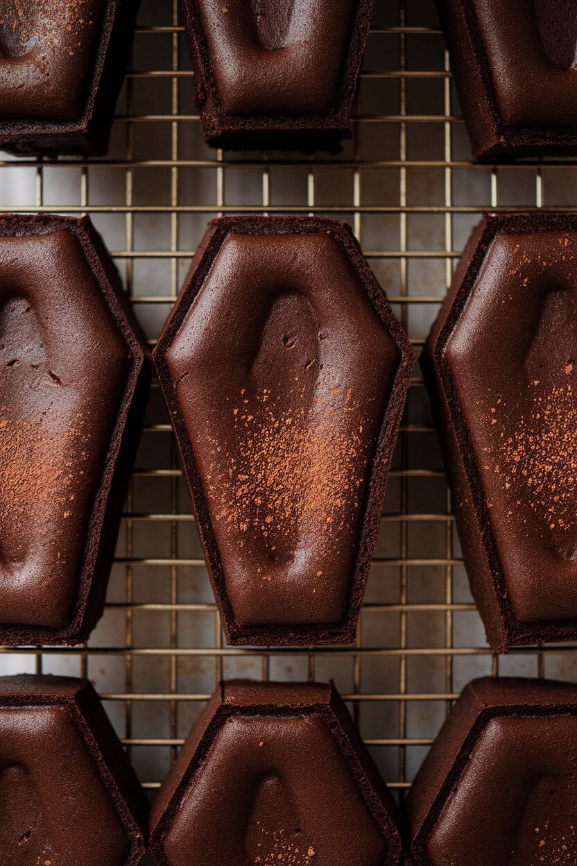 An indoor baker’s rack with deep, fudgy brownies cut into coffin shapes, edges sharp, cocoa powder lightly dusted on top. No text or logos; photo.