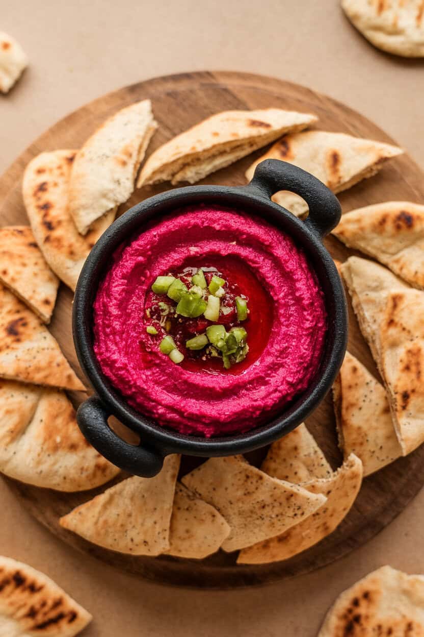 Indoor overhead photo of a small black cauldron bowl filled with bright beet hummus, surrounded by pita triangles. No text or logos.