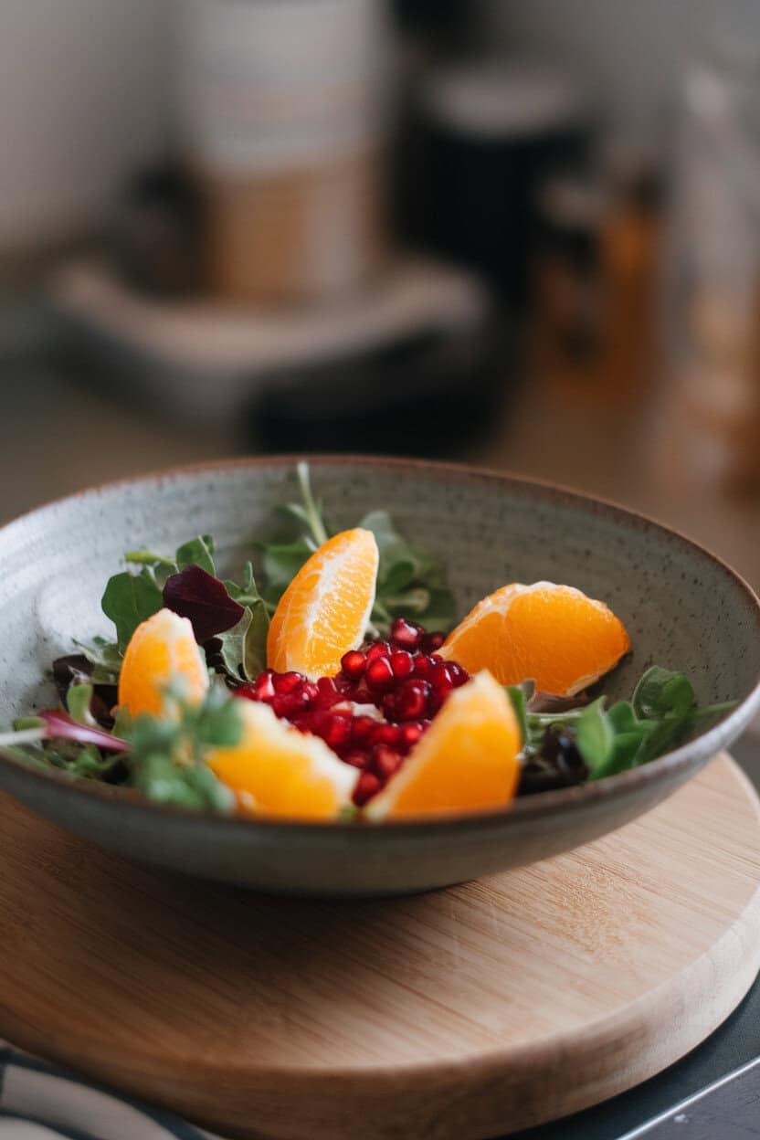 Photo of a shallow bowl indoors containing orange segments, ruby pomegranate arils, and mixed greens lightly dressed, no text or logos.