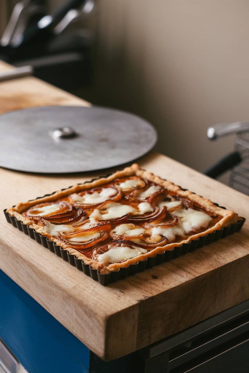 An indoor butcher-block counter with a rectangular tart topped by ribbons of caramelized onion and melted Gruyère cheese, a pizza wheel nearby. No text or logos. Photo only.