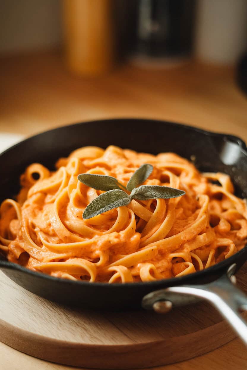 A skillet of fettuccine coated in orange-hued Alfredo sauce, garnished with sage, under warm indoor light. No logos; photo, not illustration.