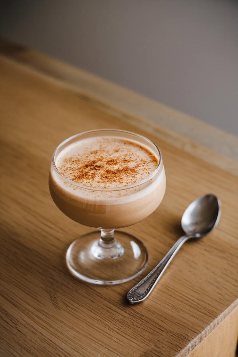 Indoor scene showing a small stemmed flip glass with a creamy tan drink dusted with grated nutmeg. No text or logos.