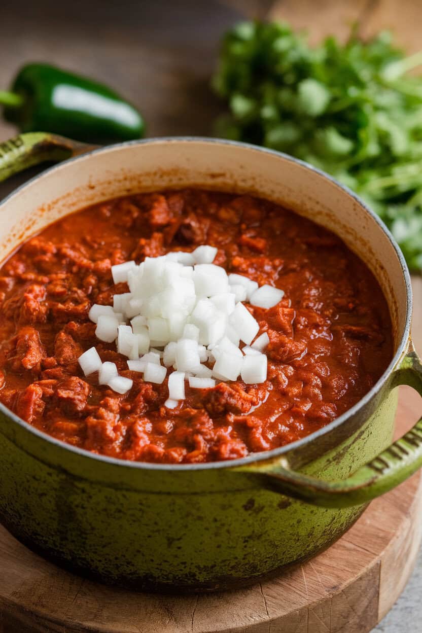 Indoor photo of a rustic cast-iron pot holding beef-only Texas red chili topped with a scattering of diced white onion; no beans visible; no text or logos