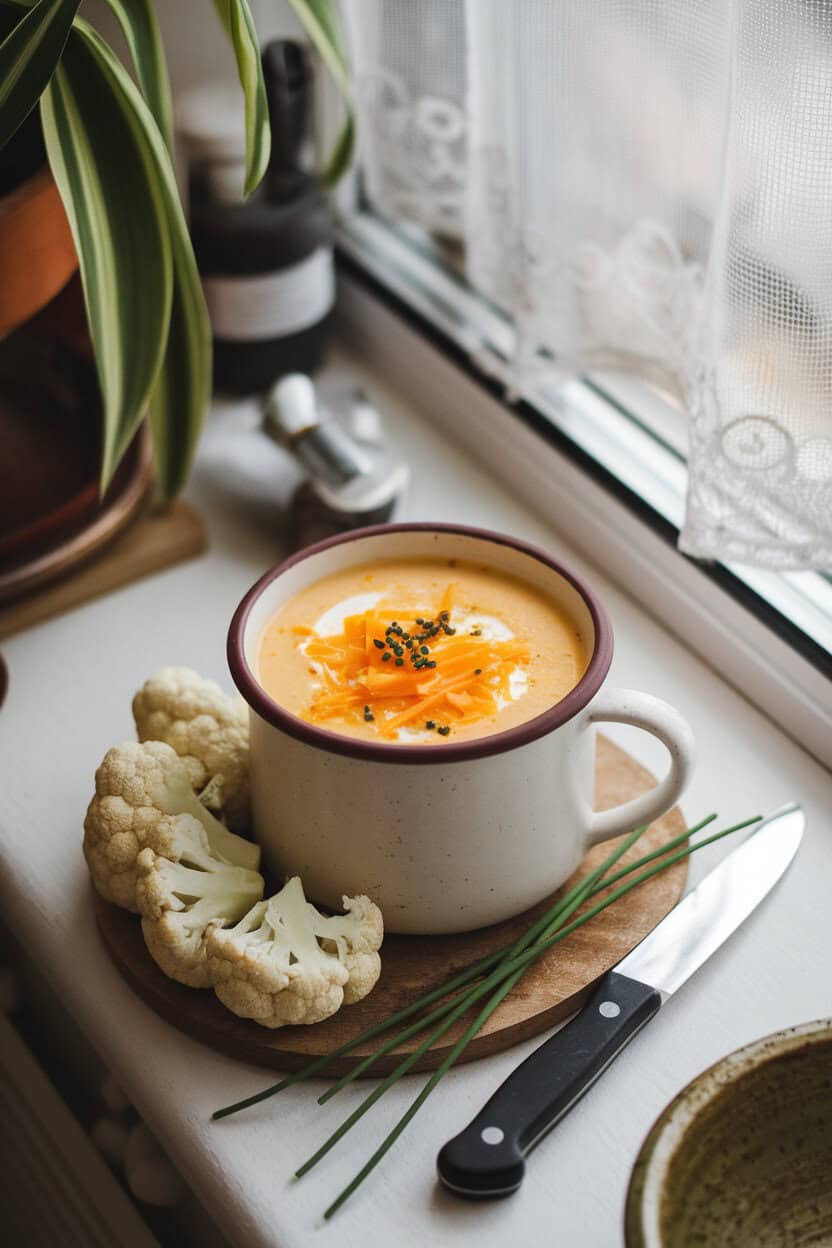 A mug of creamy cauliflower soup topped with shredded sharp cheddar and chives, on an indoor windowsill table. No text or logos; photo, not illustration.