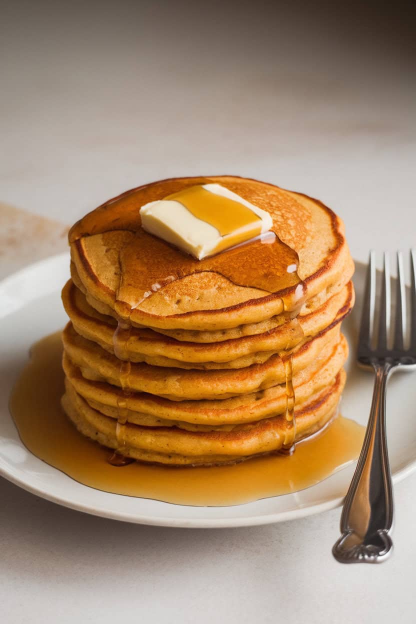 Indoor photo of a short stack of fluffy butternut squash pancakes topped with butter and maple syrup drips; fork nearby, no text or logos.