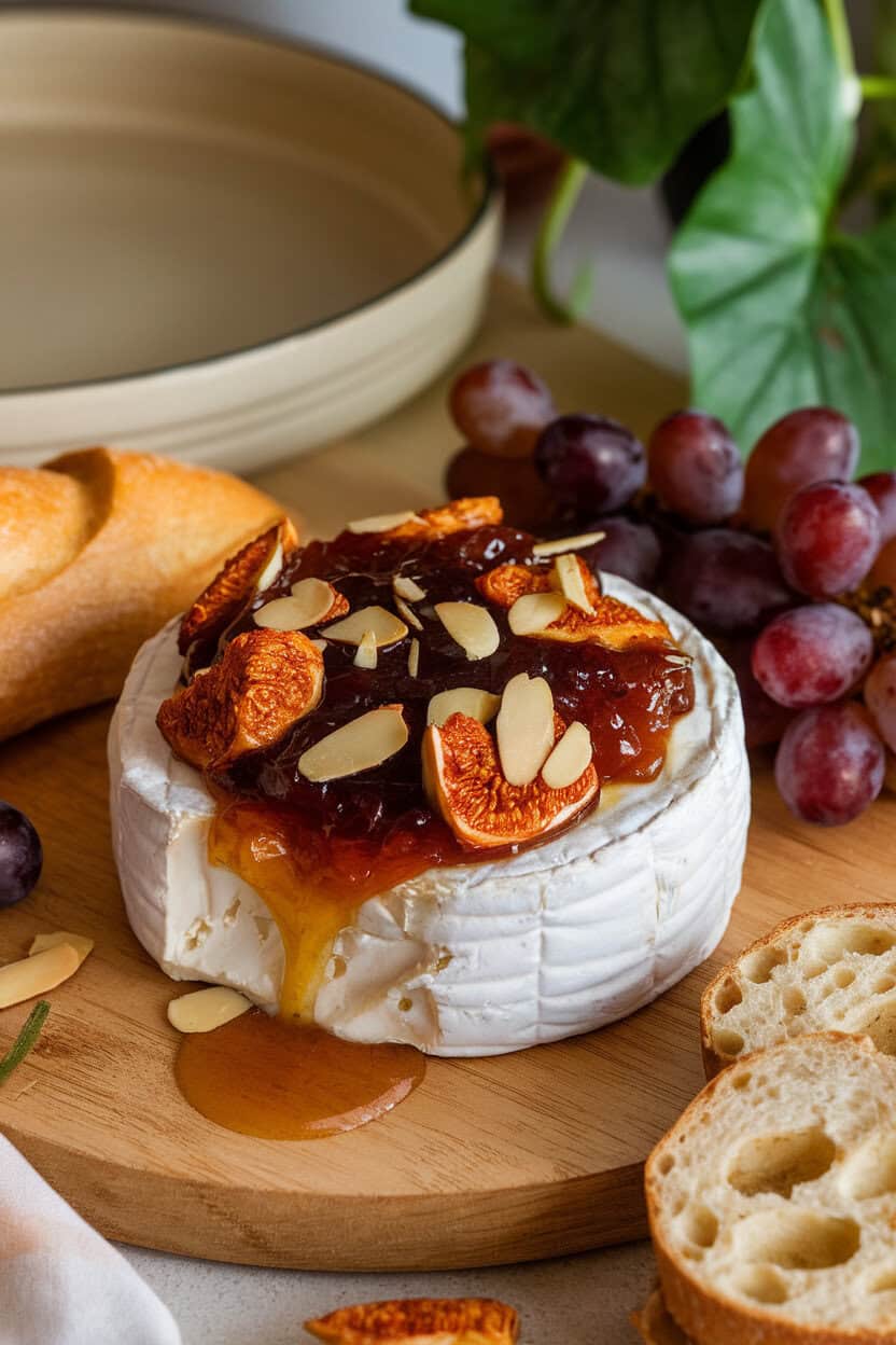 Indoor cheese board displaying a round of baked Brie oozing slightly, topped with glossy fig jam and toasted almond slivers. No text or logos. Photo, not an illustration.