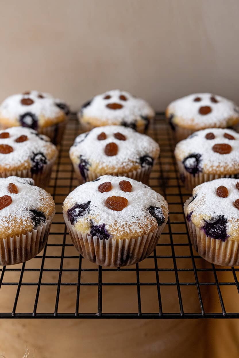 An indoor wire rack with blueberry muffins topped by powdered sugar ghost faces created with a stencil, raisins for eyes. No text or logos.
