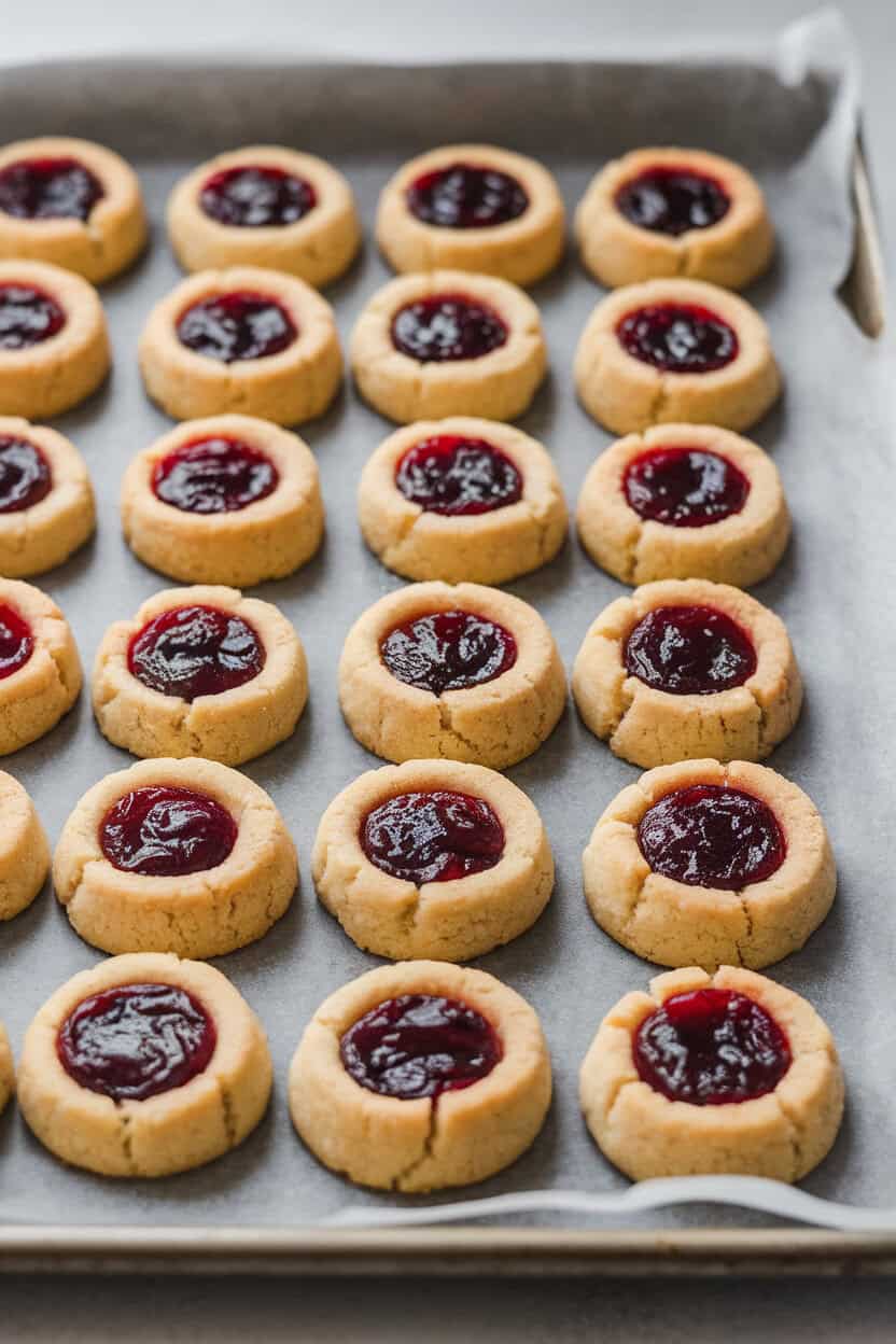 Photo prompt: Indoor tray lined with parchment, rows of thumbprint cookies filled with vibrant cranberry jam glistening under soft light, no text or logos.