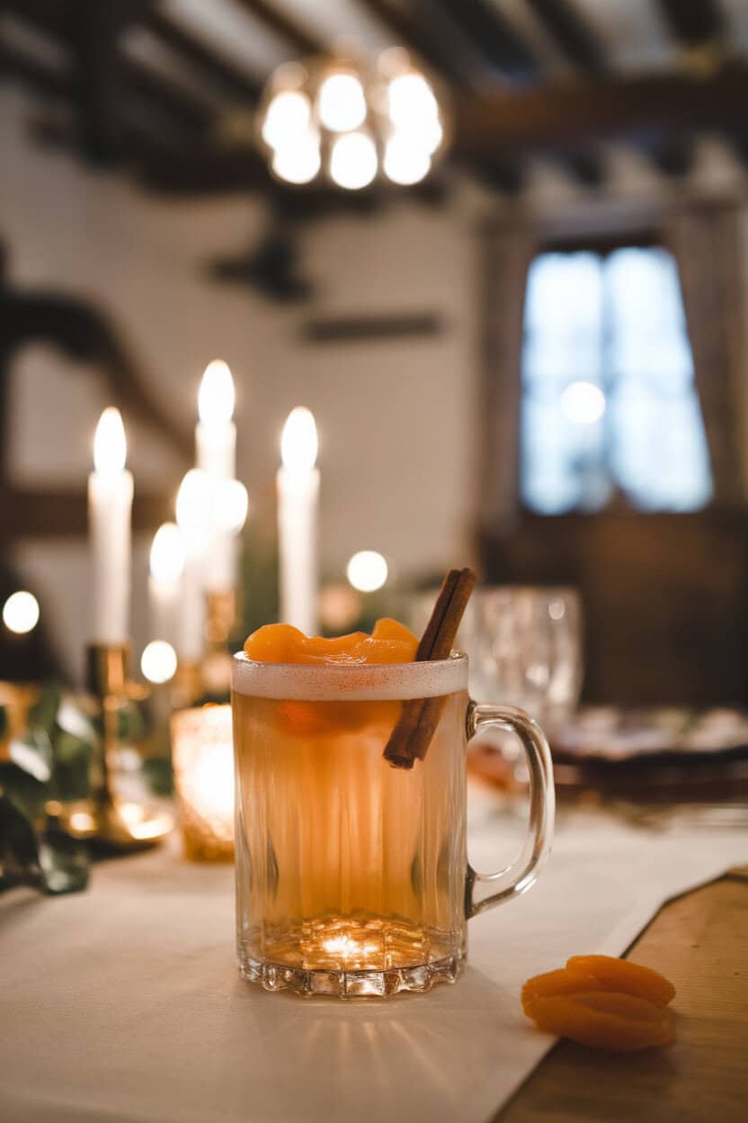 Indoor candle-lit dinner table, glass mug of pale golden mulled wine, dried apricot and cinnamon stick garnish; no visible branding