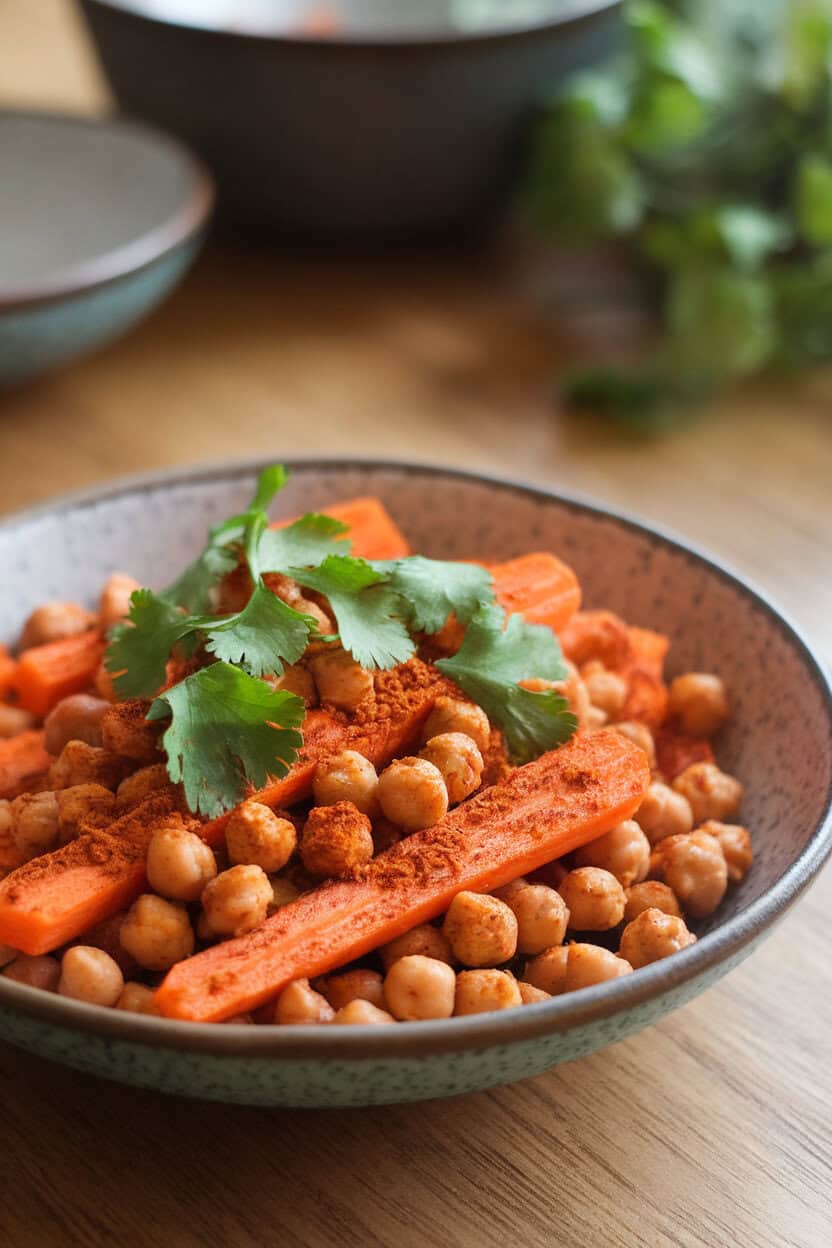 An indoor table showing a shallow bowl of roasted carrot sticks and chickpeas dusted with cumin and paprika, topped with fresh cilantro leaves. Photo only, no text or logos.
