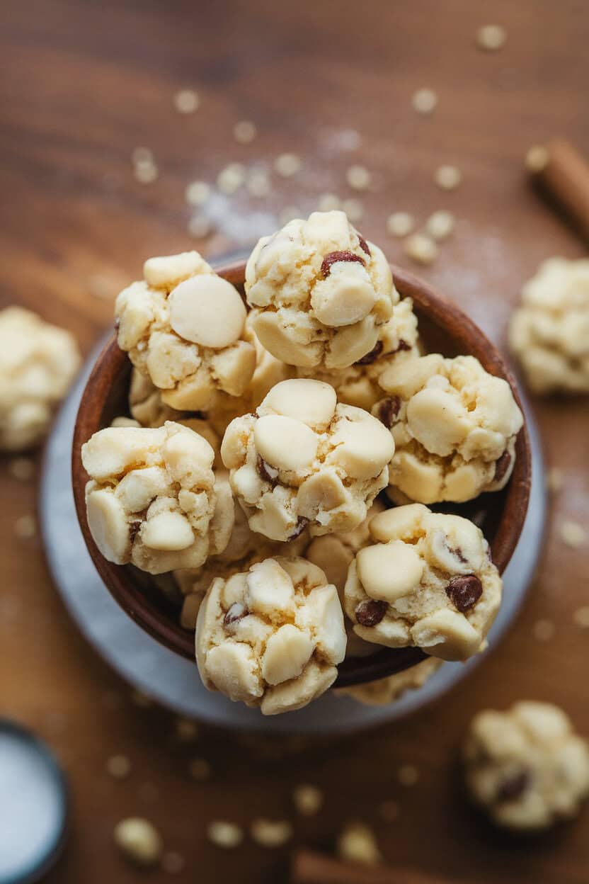 Indoor overhead photo of bite-size white chocolate macadamia cookies piled high in a small bowl. No text or logos.