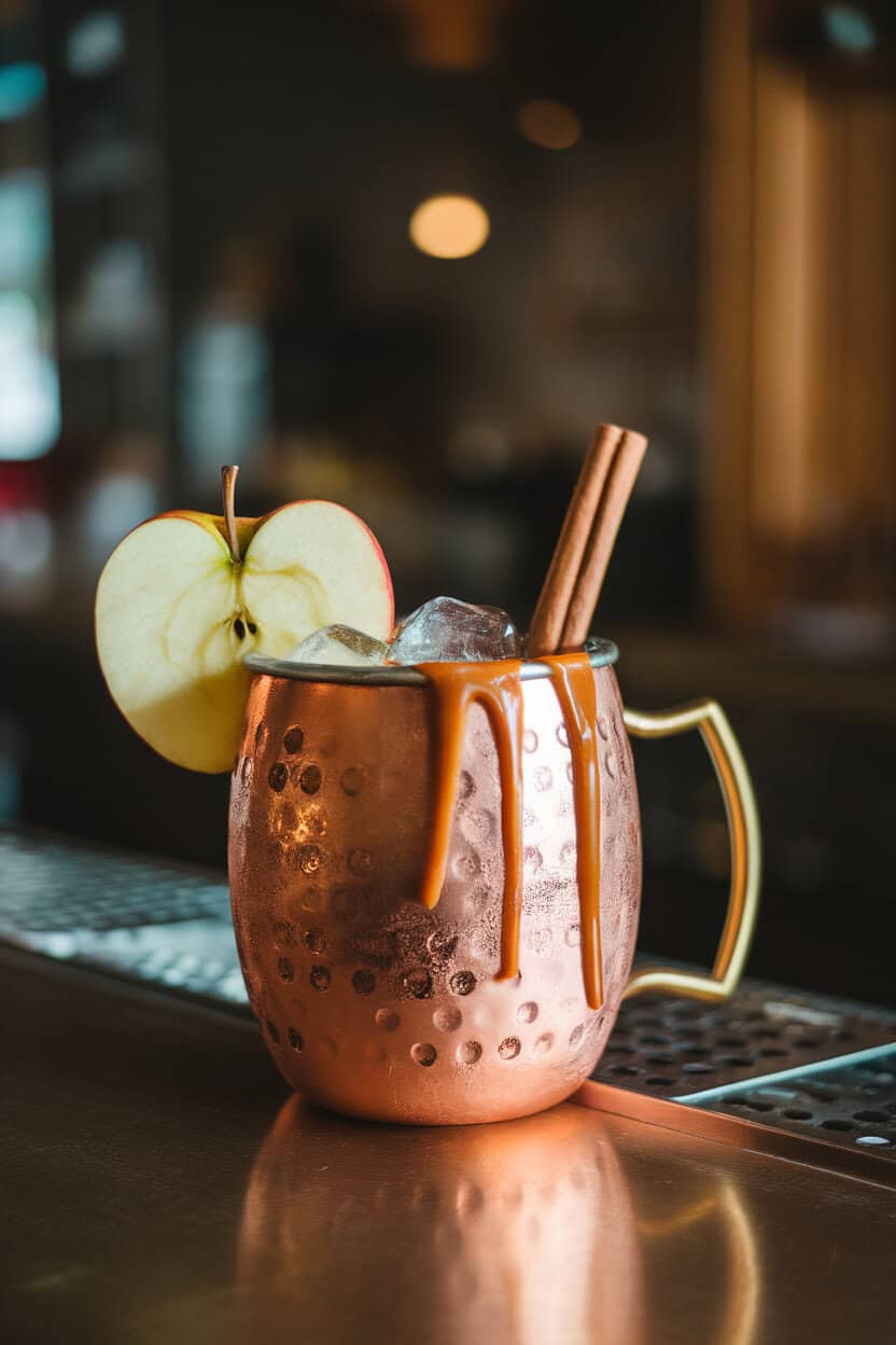 Indoor bar countertop with a copper mug filled with ice and amber drink, apple slice and caramel drizzle over rim, cinnamon stick straw; no logos