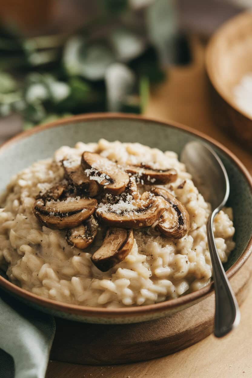 A shallow indoor bowl of creamy mushroom risotto topped with sautéed cremini slices and a sprinkle of grated Parmesan, spoon resting on the side. Soft golden lighting, no text or logos. Photo, not illustration.