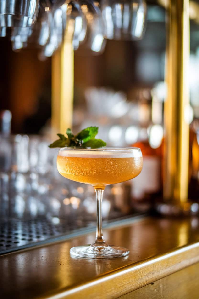 Elegant coupe glass on an indoor bar, filled with a golden rum-Champagne cocktail and topped with a small mint bouquet. No text or branding.