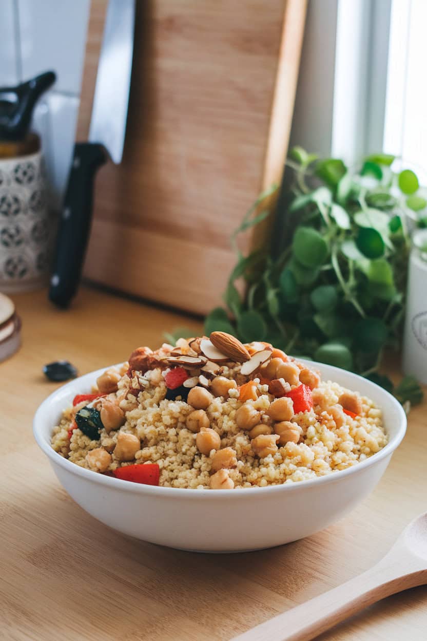 Indoor kitchen scene showing a casserole of fluffy couscous studded with chickpeas, roasted vegetables, and toasted almonds. Photo only, no text or logos.