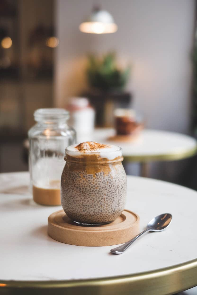 Indoor café-style table with glass jars of gingerbread-spiced chia pudding topped with espresso foam and a sprinkle of cinnamon. No text or logos. Photo, not illustration.