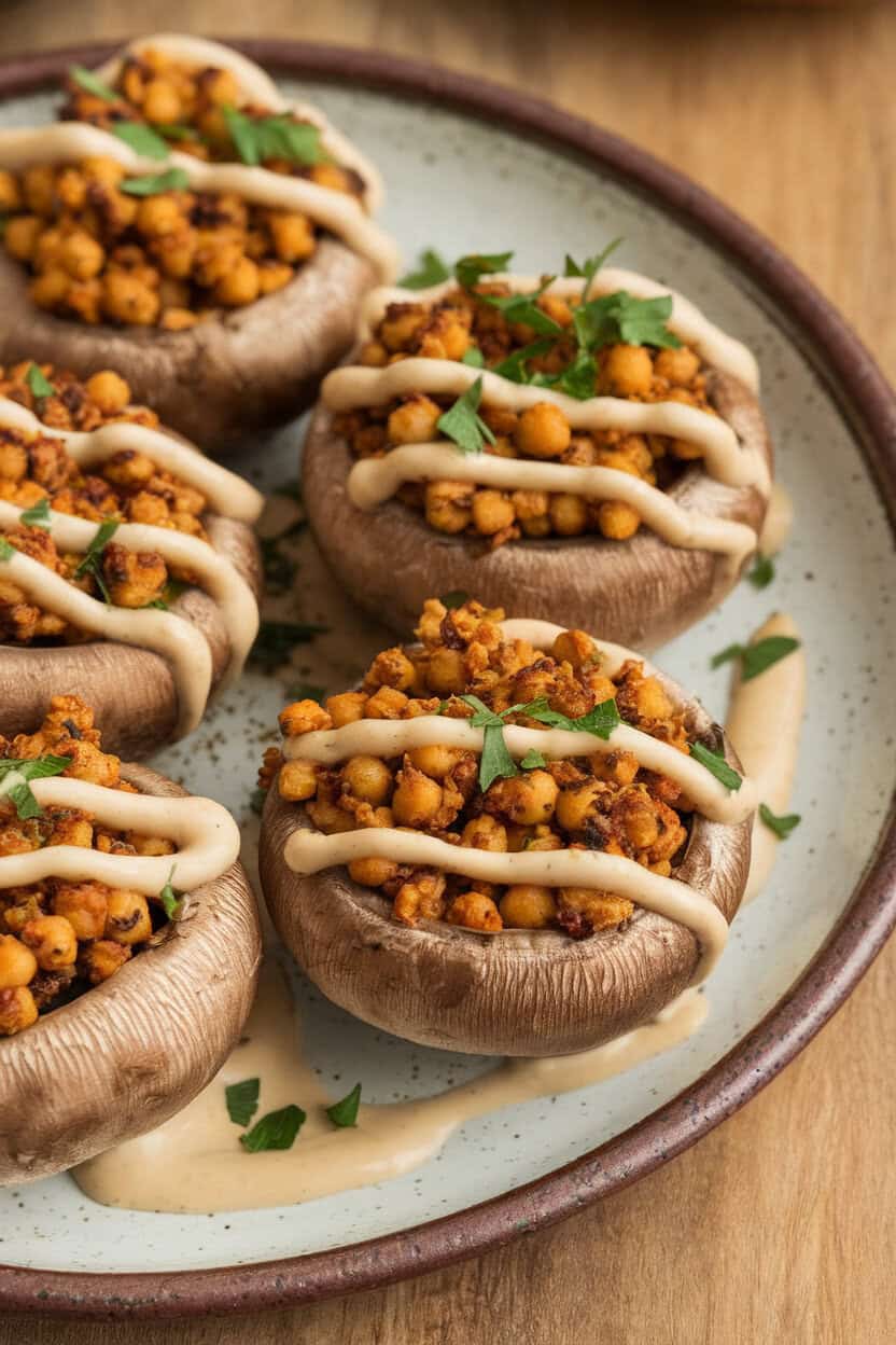 Photo of an indoor ceramic plate with mushrooms stuffed with seasoned chickpea crumbs, drizzled with tahini sauce and sprinkled with parsley. No text or logos.