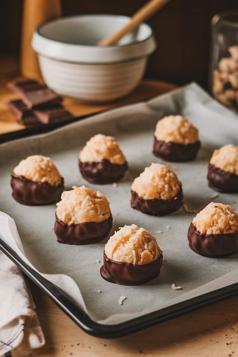 An indoor baking sheet lined with parchment holding mounded coconut macaroons dipped at the base in dark chocolate. Warm lighting, no text or logos. Photo, not illustration.