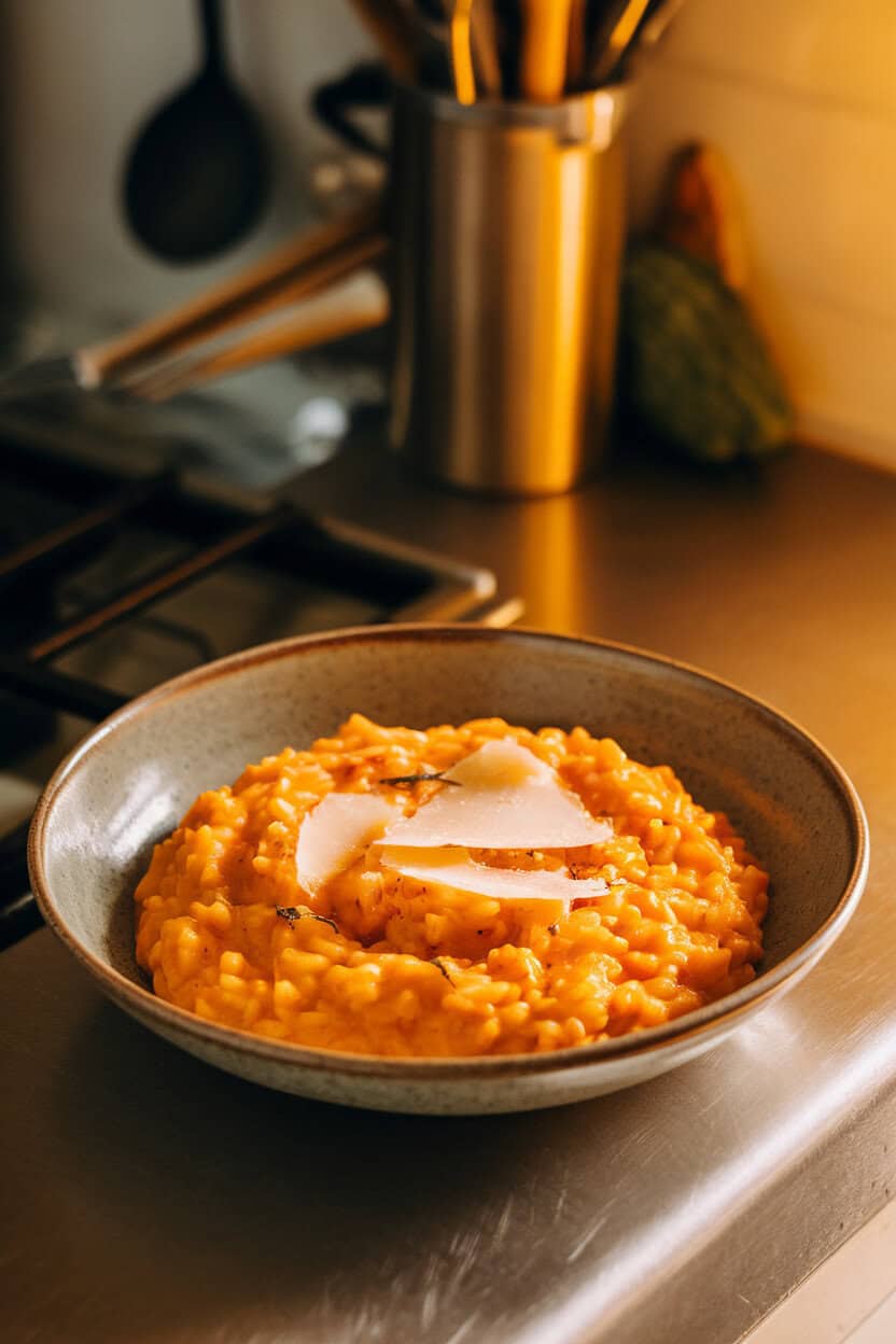 Indoor kitchen counter with a shallow bowl of creamy butternut squash risotto, parmesan shavings melting on top, and a twirl of sage-infused brown butter. Warm golden lighting highlights the dish’s orange hue. Photo only, no text or logos.