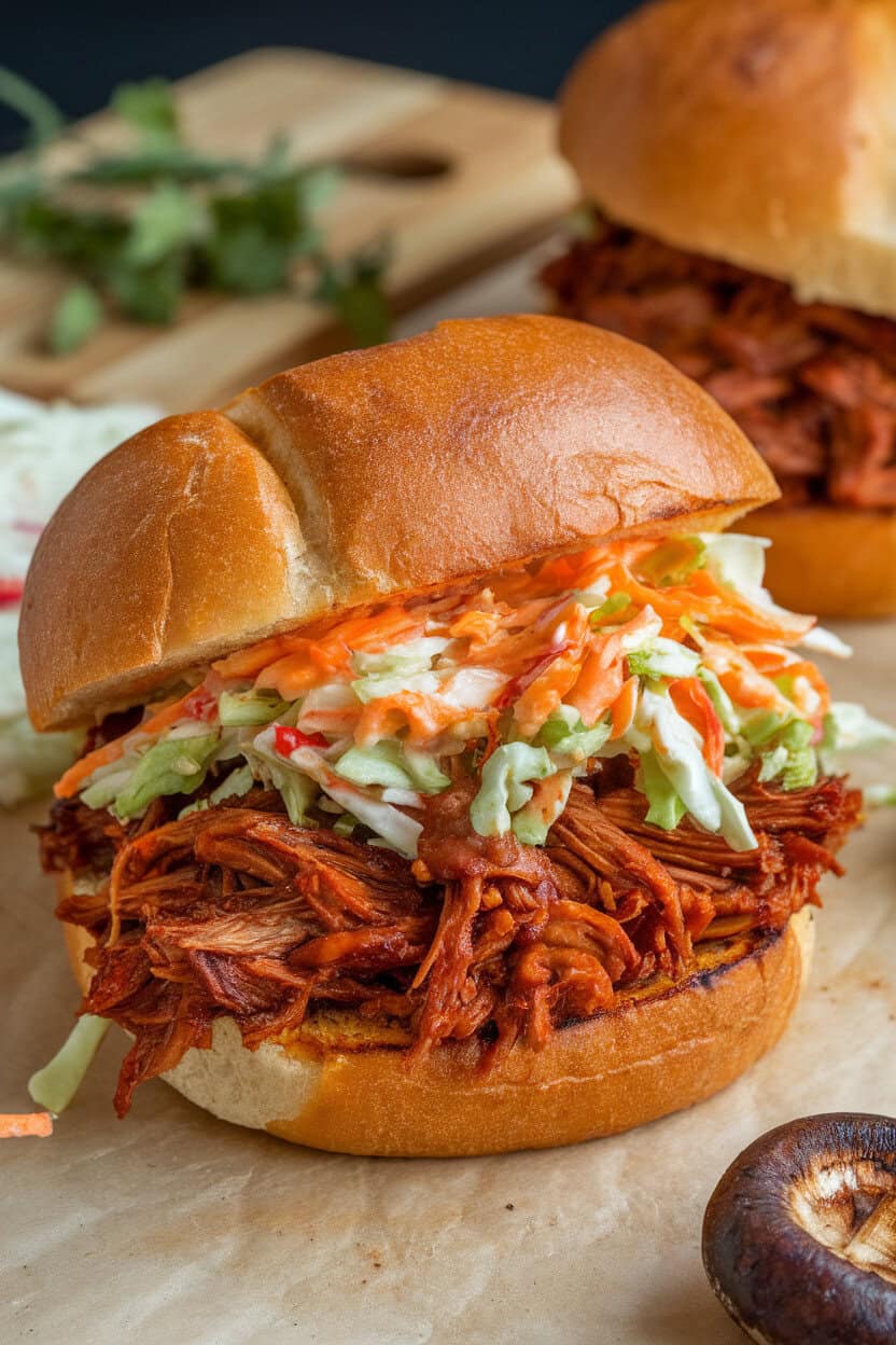 An indoor plate featuring a barbecue pulled jackfruit sandwich on a toasted bun with coleslaw spilling out—photo, no text or logos