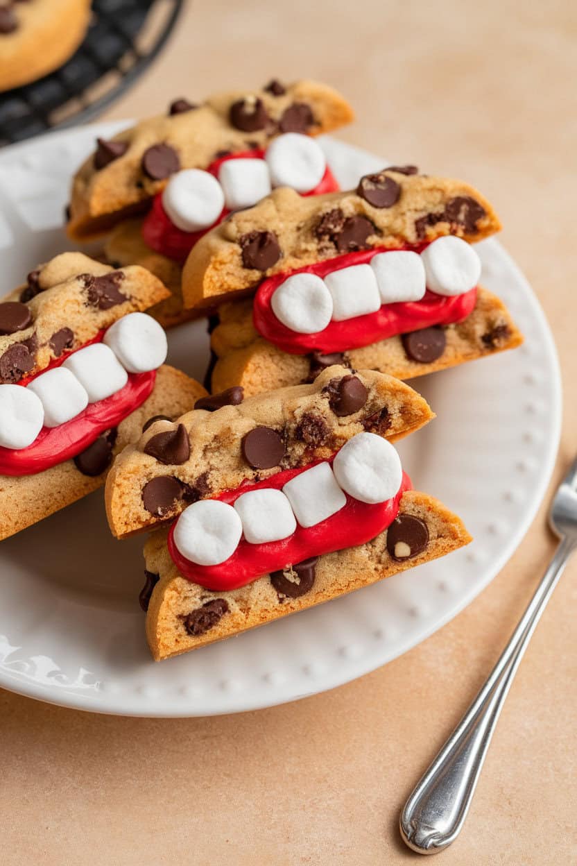 Photo, not illustration — indoor plate of chocolate chip cookie halves sandwiched with red frosting and mini-marshmallow “teeth” to resemble dentures; bright soft light, no text or logos