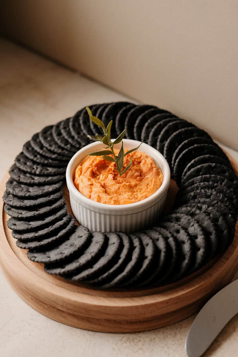 Indoor photo of matte black charcoal crackers fanned around a ramekin of pimento cheese. No text or logos in sight.
