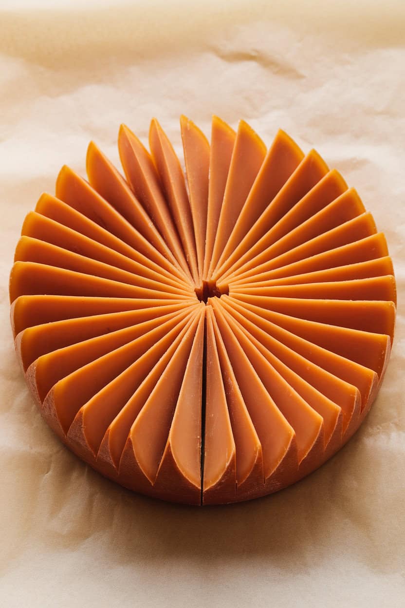 Indoor photo of round gouda slices stacked slightly offset, rind intact, arranged in a perfect circle on parchment. No text or logos.