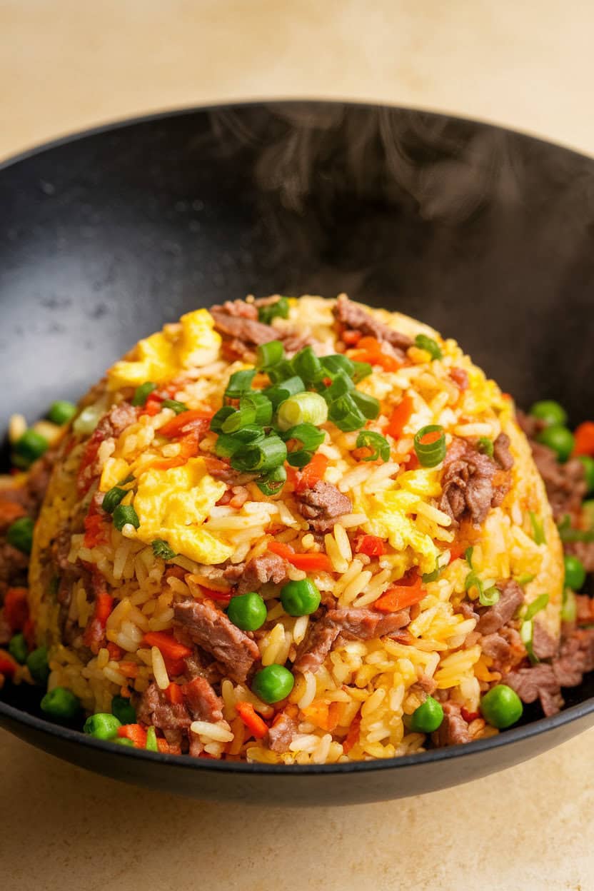 Indoor photo of a bowl of colorful fried rice studded with beef, peas, carrots, and scrambled egg, steam gently rising. No text or logos present.