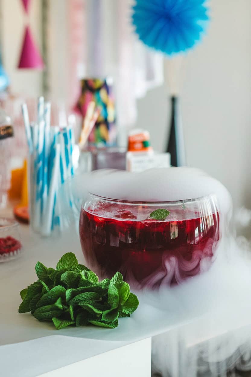 An indoor party table featuring a clear punch bowl filled with deep-red punch, dry-ice fog spilling over the rim. No text or logos anywhere.