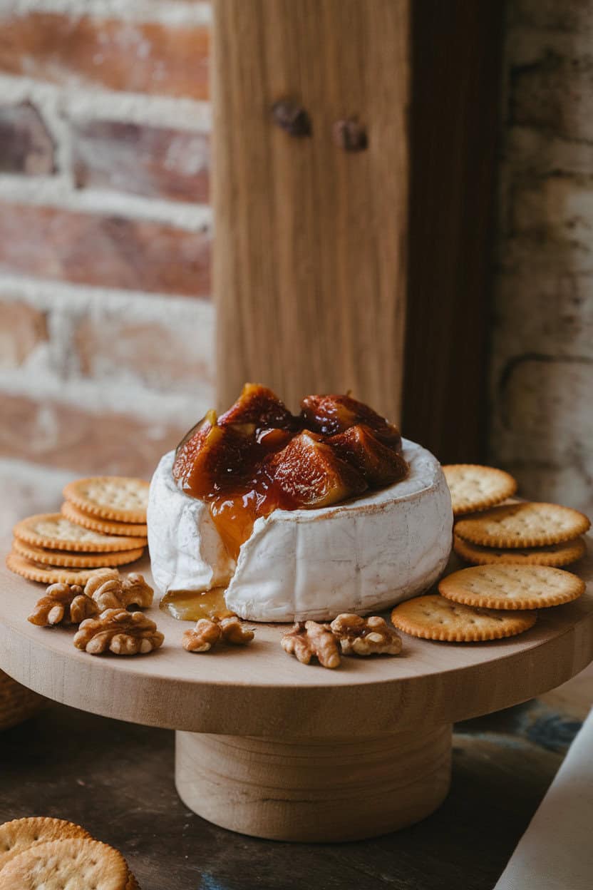 An indoor cheese board featuring a small wheel of baked brie oozing slightly, topped with glossy fig jam and surrounded by crackers. No text or logos.
