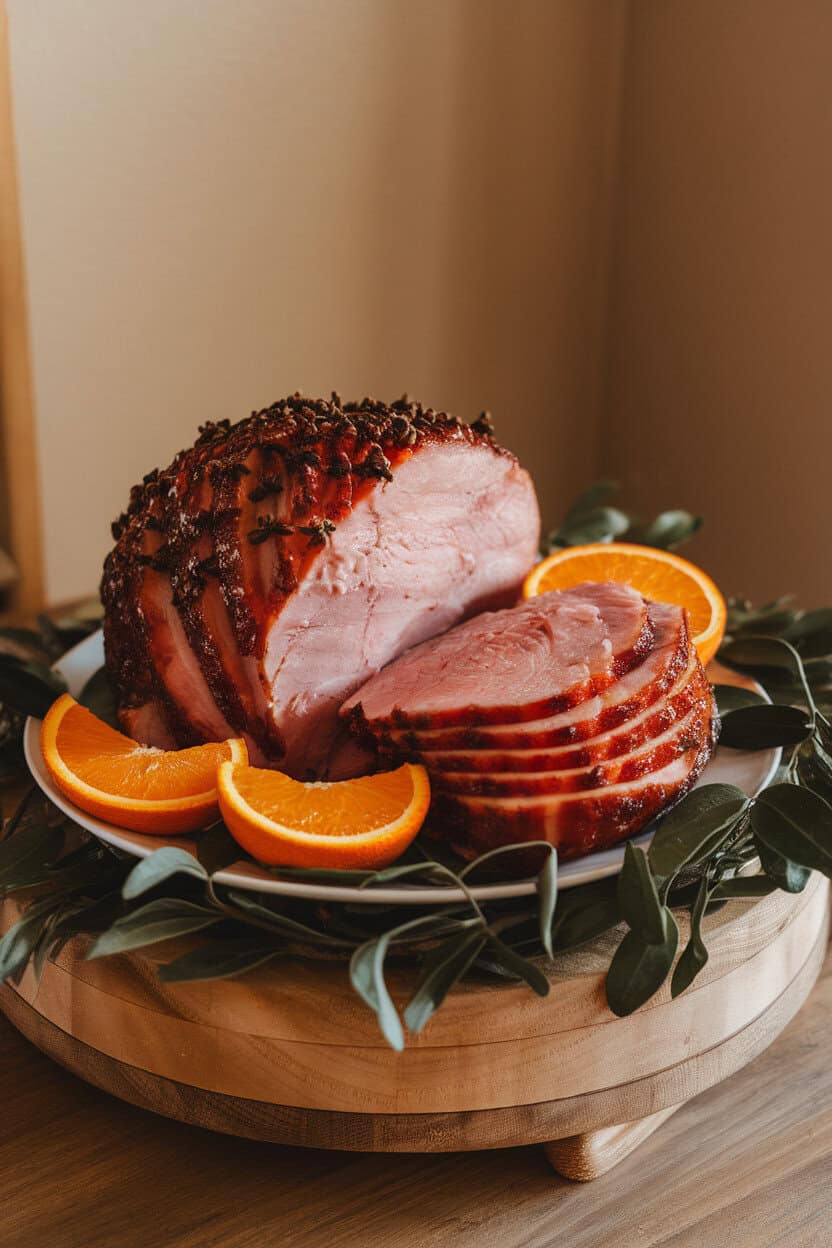 A carving board indoors displaying slices of glazed ham, shiny with brown sugar and cloves, garnished with orange slices. No text or labels.