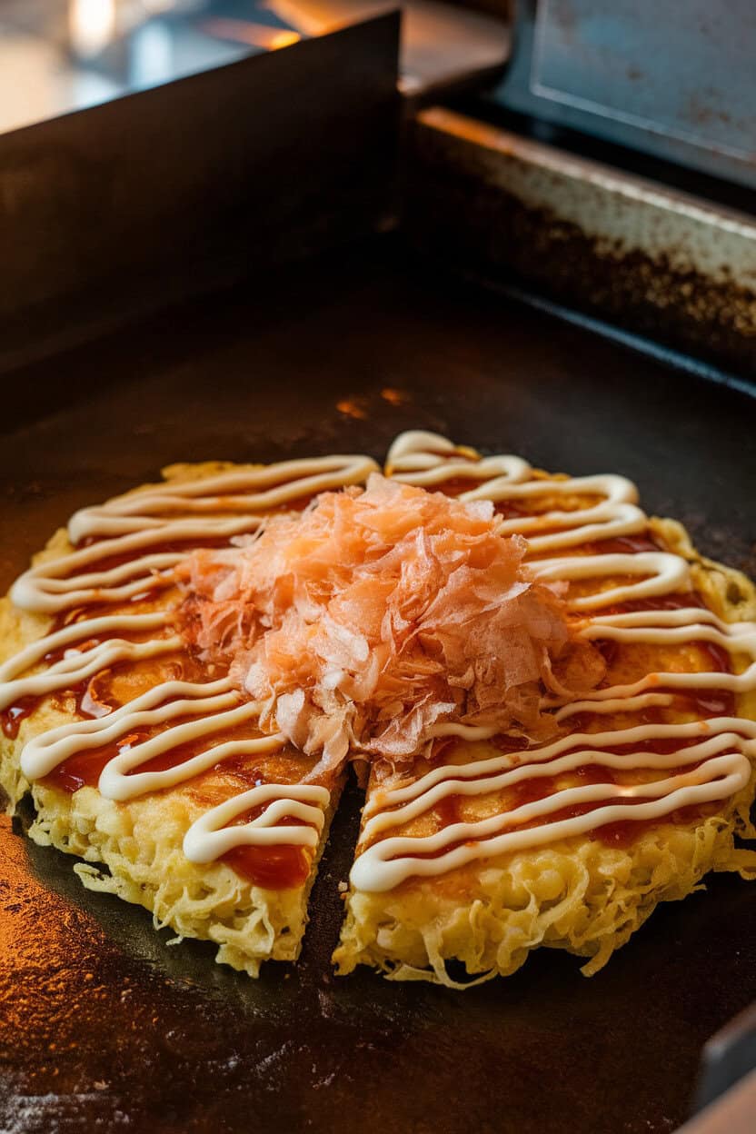 A warmly lit indoor griddle scene showing a sliced okonomiyaki pancake topped with zigzags of mayonnaise, thick okonomi sauce, and a sprinkle of bonito flakes gently waving from residual heat. No text or logos present. Photo, not illustration.
