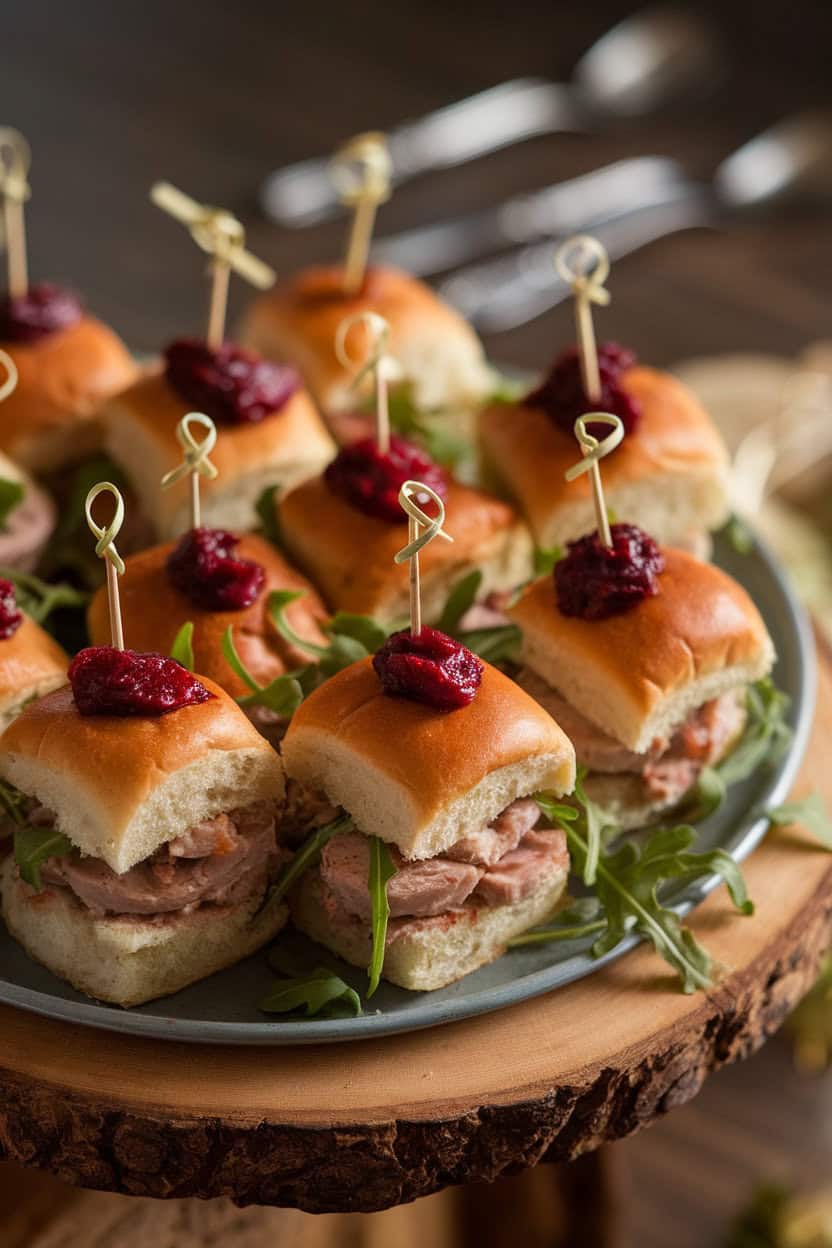 Indoor platter of mini turkey sliders on brioche buns, cranberry aioli visible, garnished with baby arugula, warm ambient light, no text or logos.