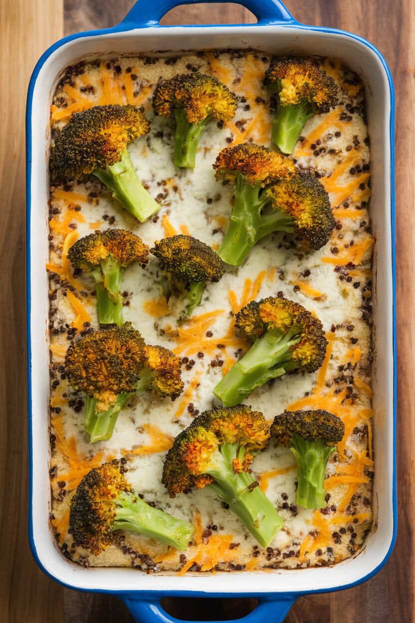 Indoor counter shot of a casserole showing vibrant broccoli florets nestled in a fluffy quinoa and cheddar base, lightly browned surface. No logos or text present. Photo.