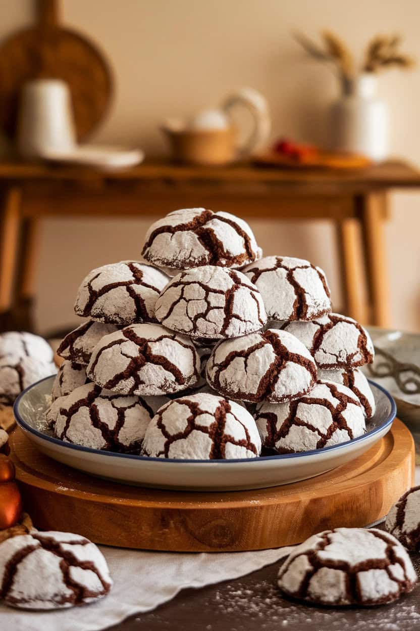 An indoor plate piled high with fudge-like chocolate crinkle cookies, each sporting a dramatic white powdered sugar crackle pattern. Warm, cozy lighting; no text or logos visible. Photo, not illustration.