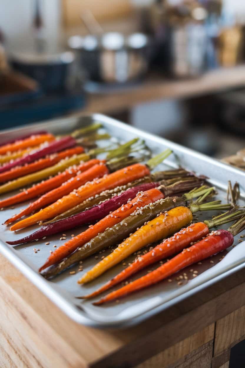 An indoor sheet pan displaying rainbow carrots glazed in maple syrup and ginger, slight char at the tips, sesame seeds scattered over. No text or logos.