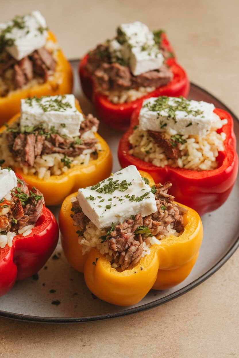 Photo of halved bell peppers filled with cooked lamb, rice, and feta, baked and topped with herbs, indoor setting, no text or logos.