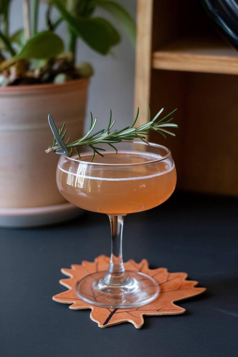 Indoor coupe with pale amber drink, rosemary sprig clipped to rim, maple leaf-shaped coaster. No logos.