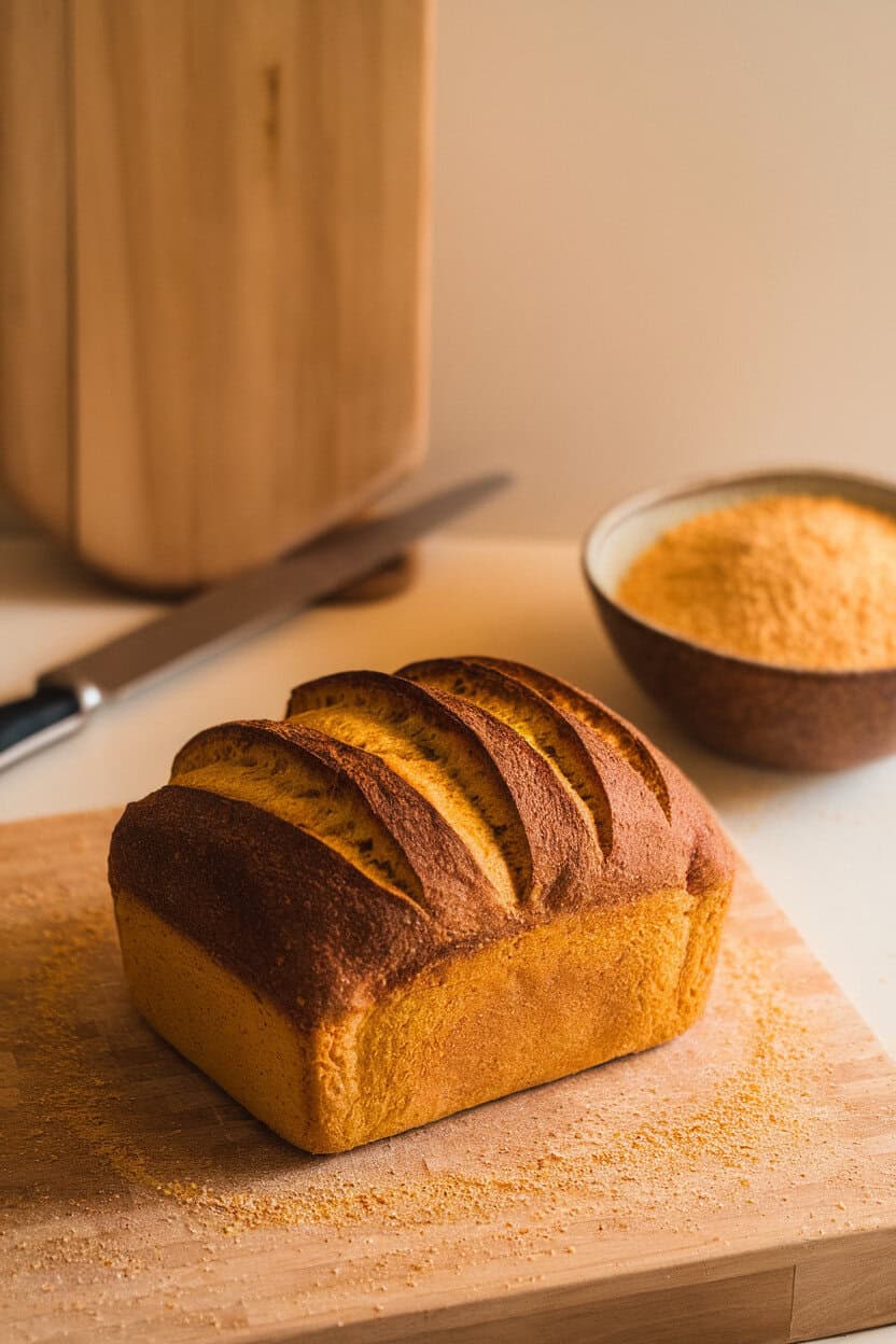 Warm indoor shot of a loaf with a dark crust and yellow crumb, cornmeal sprinkled on cutting board, no text or logos.