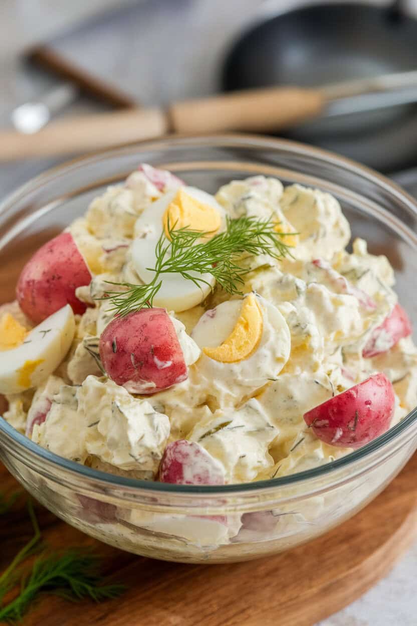 Indoor photo of a mixing bowl filled with classic creamy potato salad, garnished with dill. No logos or text. Photo, not illustration.